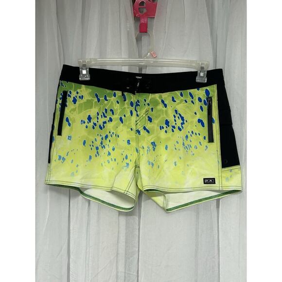Pelagic Shorts Womens 8 Yellow Green Ocean Master Board Zip Pockets Drawstring - Picture 1 of 9
